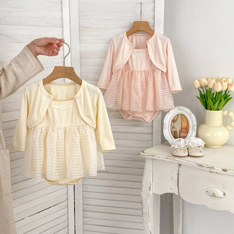 2 Pc Baby Girl Cardigan & Stripe Bodysuit Cami Dress