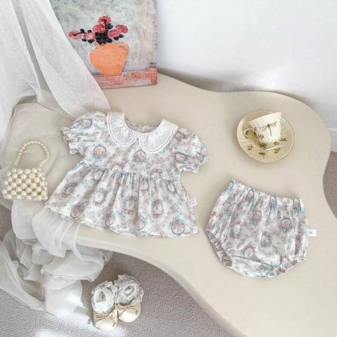 2 Pc Baby Girls Vintage Rabbit Print Shirt & Bloomer Set