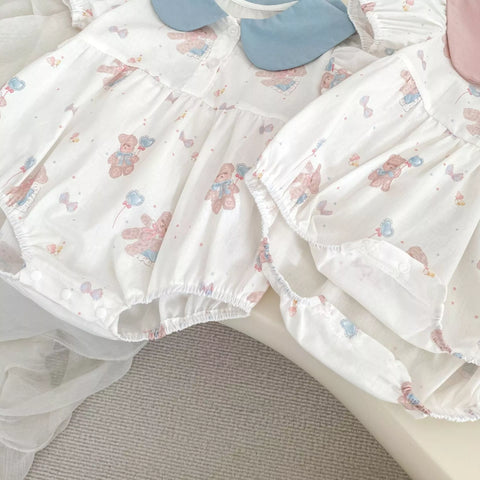 Baby Girl Teddy Bear Print Ear Collar Bodysuit