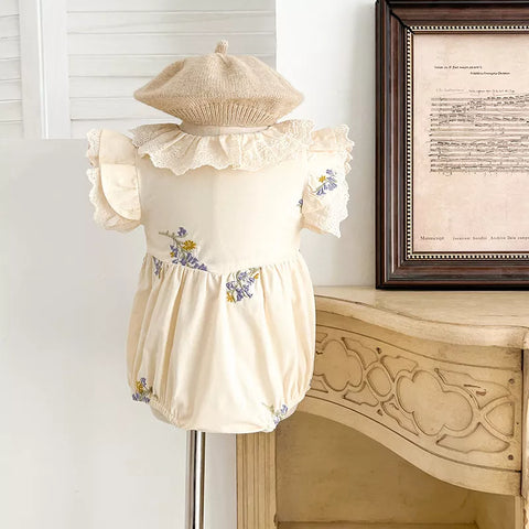 Girls Flower Embroidery Ruffle Collar Bodysuit or Dress