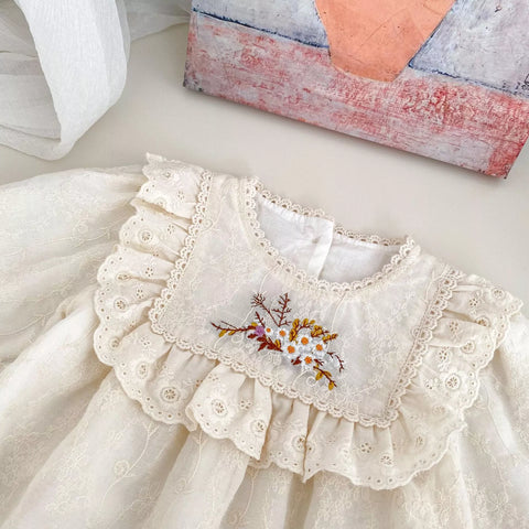 Baby Girl Square Ruffle Bib Flower Embroidery Bodysuit