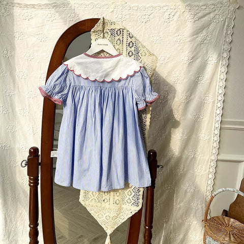 Girls Apple Collar Stripe Swing Dress
