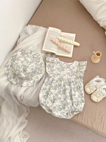 2 Pc Baby Girl Lavender Flower Bodysuit w/ Hat