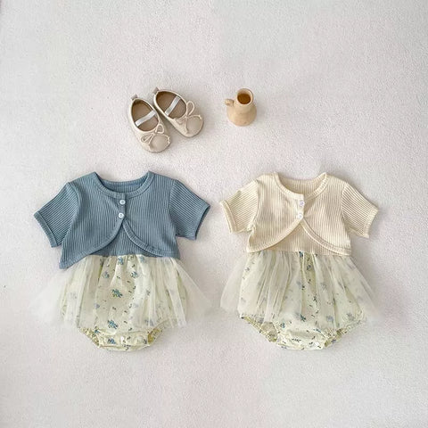 2 Pc Baby Girl Short Cardigan & Floral Ribbed Dress