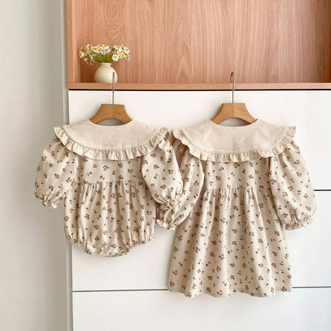 Girls Vintage Floral Ruffle Collar Bodysuit or Dress