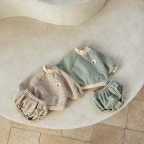 2 Pc Baby Boy Mock Neck Stripe Fleece Sweatshirt & Bloomer Set