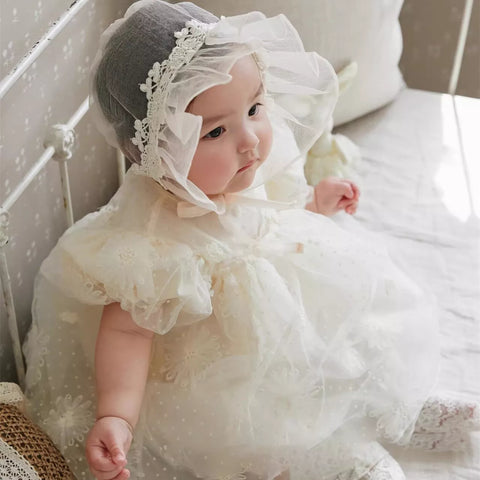 Baby Girl Elegant Flower Emb Mesh Puff Sleeve Dress