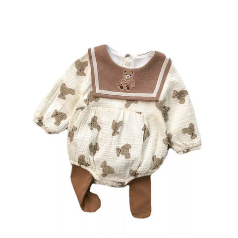 Baby Girls All Over Bear Pattern Bib Lapel Bodysuit
