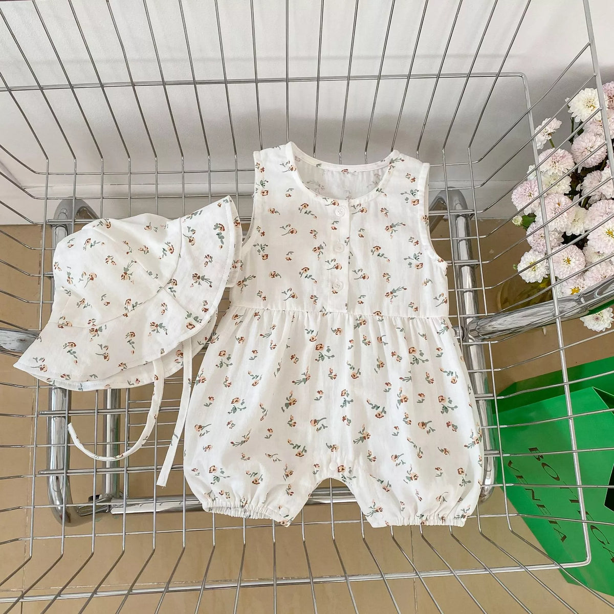 2 pc Baby Girl Summer Romper & Hat Set