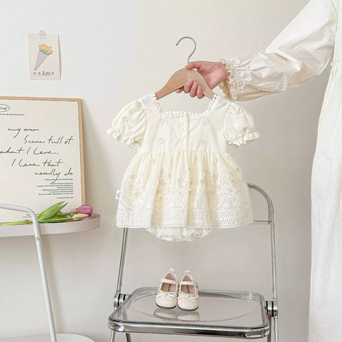 Baby Girl Square Neck Bow Puff Sleeve Dress