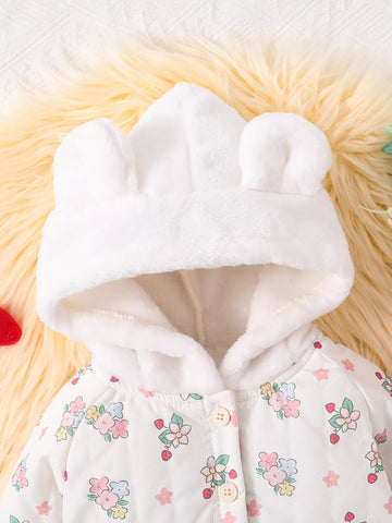 Baby Girl Floral Print Fleece Lined Bunny Ear Jacket