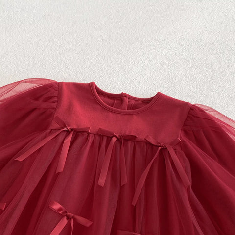 Baby Girl Red Ribbon Tulle Bodysuit Dress