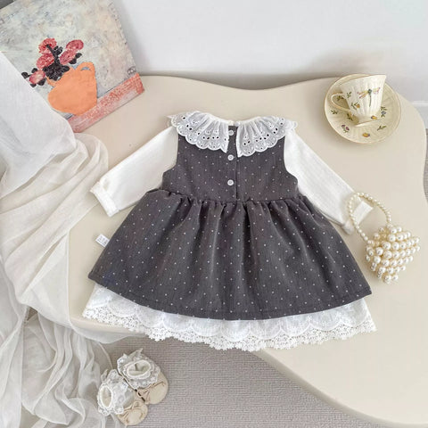2 Pc Girls Polka Dot Lace Layered Dress