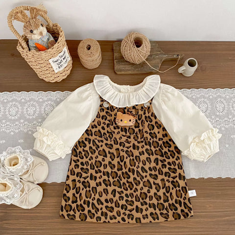 2 Pc Girls Leopard Print Cat Overall w/ Shirt
