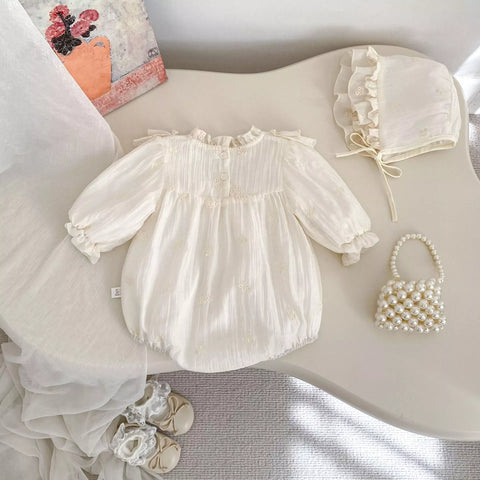 2 Pc Baby Girl Ethereal Ruffle Bib Bodysuit w/ Bonnet