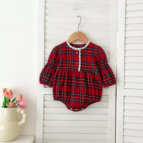 Girls Red Plaid Lace Trim Bodysuit or Dress