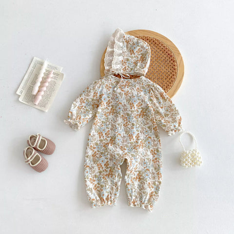 2 Pc Autumn Baby Girl Rustic Floral Romper w/ Bonnet