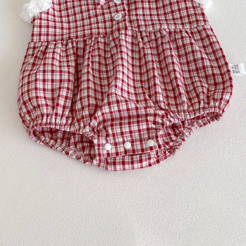 2 Pc Baby Girl Plaid Lace Trim Bodysuit w/ Bandana