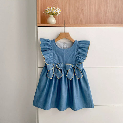 Girls Bows Chambray Denim Dress/Bodysuit