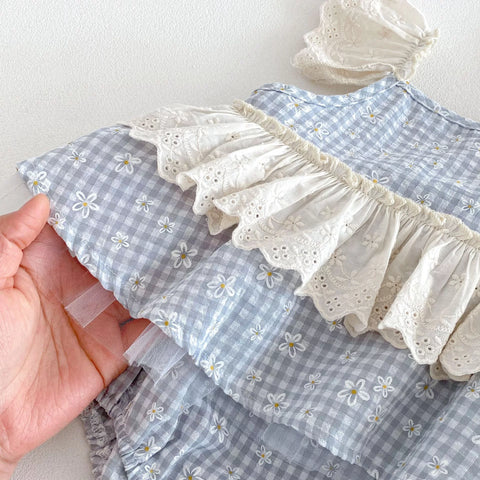 Baby Girls Gingham Lace Sleeve Bodysuit Dress