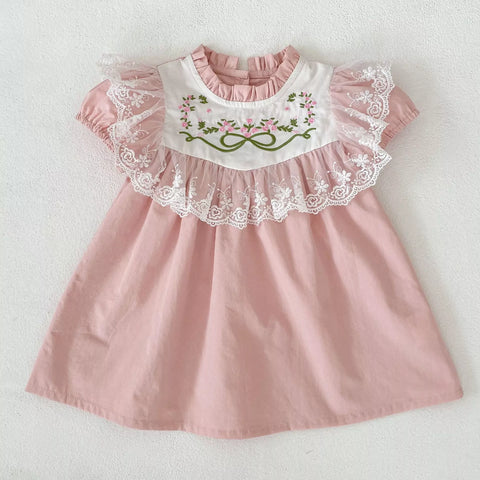 Girls Lace Trim Flower Embroidered Bodysuit or Dress