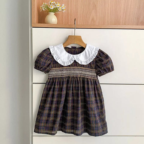 Girls Smocked Fall Plaid Ruffle Peter Pan Collar Bodysuit or Dress
