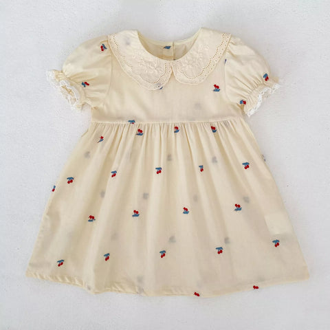 Girls Cotton Cherry Embroidered Puff Sleeve Bodysuit or Dress