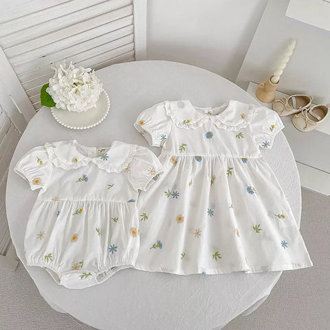 Girls Flower Daisy Embroidered Bodysuit Dress
