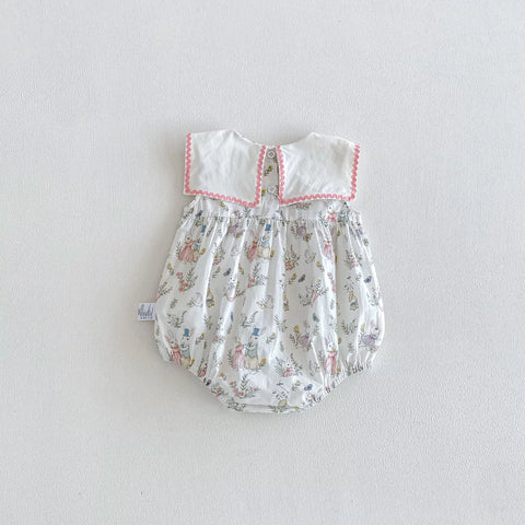 Baby Girl Square Bib Collar Bunny Print Bodysuit