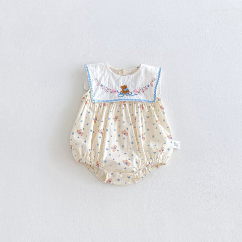 Baby Girl Square Bib Collar Bear Print Bodysuit