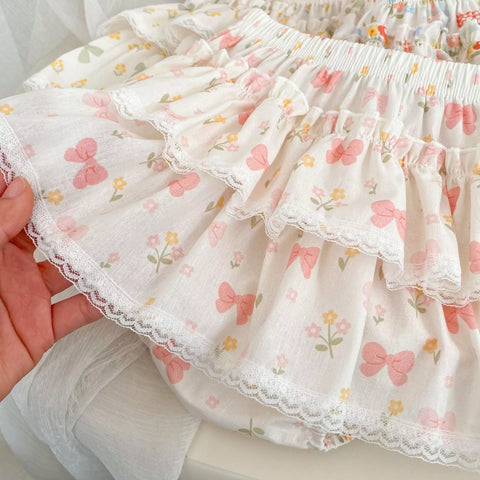Girls Tiered Ruffle Bow Print Skirt