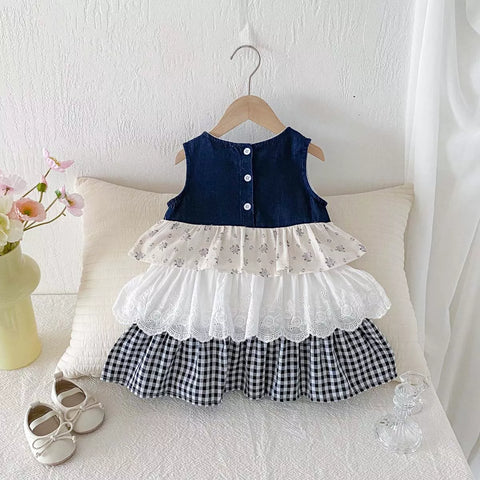 Girls Ruffle Tiered Mix Fabric Skirt Dress