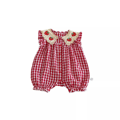 Baby Girl Crochet Strawberry Gingham Romper