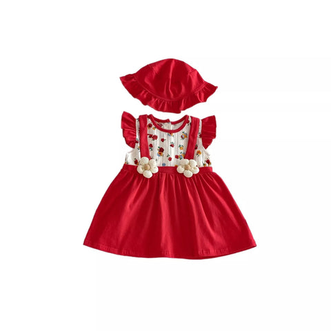 2 Pc Baby Girl 3D Flower Suspender Dress w/ Hat