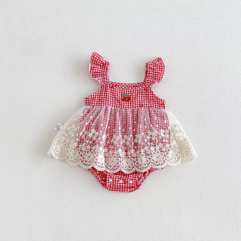 Baby Girl Cherry Plaid Lace Overlay Bodysuit Dress