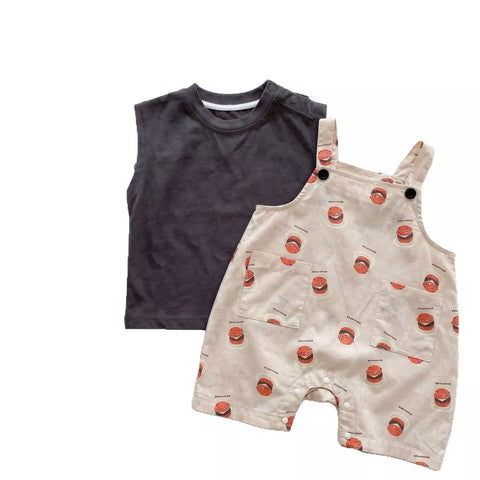 Unisex Baby Hamburger Print Overall & Tank Top Set