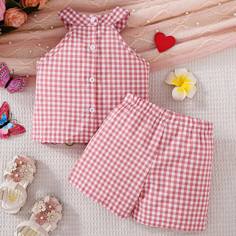 2 Pc Baby Girl Halter Gingham Flower Patch Shorts Set