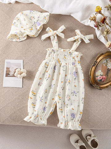 2 Pc Baby Girl Floral Print Smock Romper