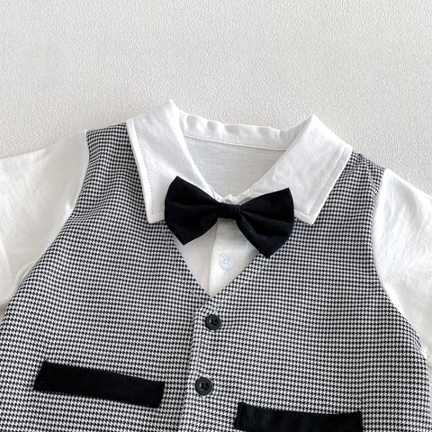 2 Pc Boys Houndstooth Bow Tie Vest Shirt & Shorts Set