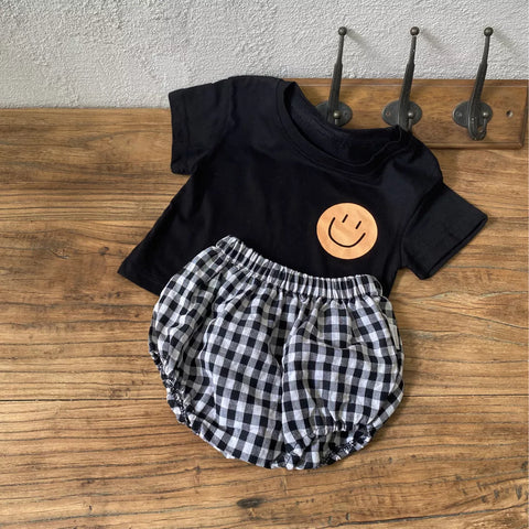 2 Pc Unisex Baby Happy Face Tee and Gingham Shorts