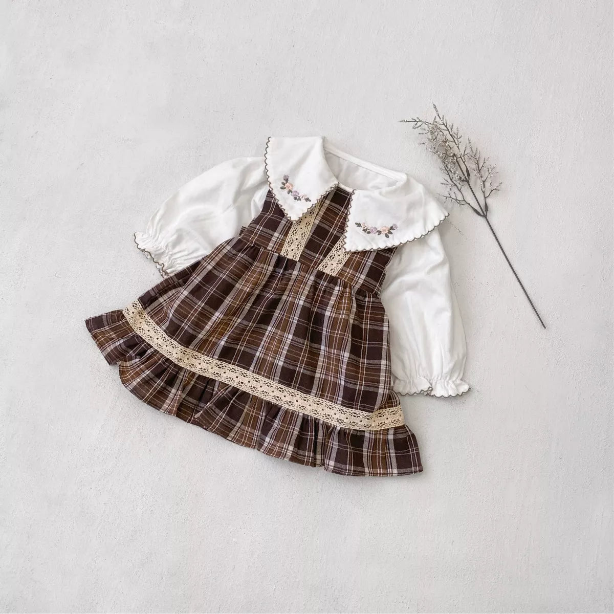 2 Pc Baby Girl Plaid Pinafore Dress with Shirt