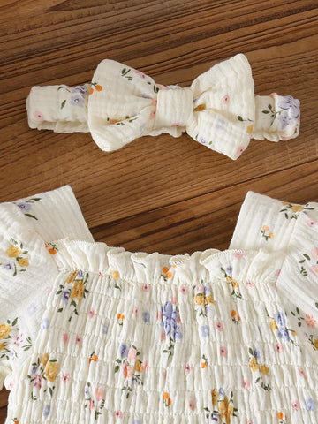 2 Pc Baby Girl Floral Smocked Romper & Bow Headband Set