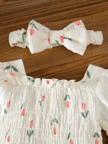 2 Pc Baby Girl Floral Smocked Romper & Bow Headband Set