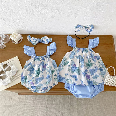 Girls Blue Floral Onesie or 3 Pc Shorts Set