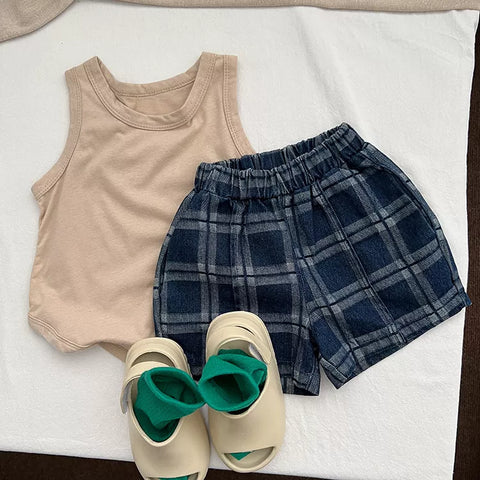 Boys Wide Denim Plaid Shorts