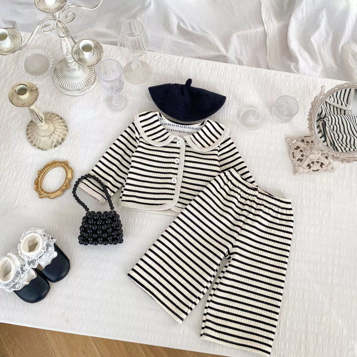 2 Pc Girls French Stripe Cardigan Wide Pants Set