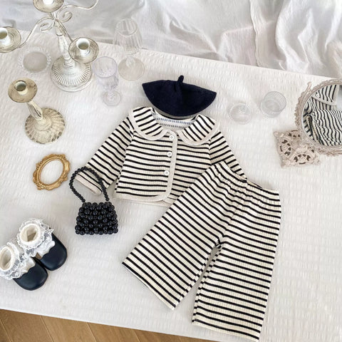 2 Pc Girls French Stripe Cardigan Wide Pants Set