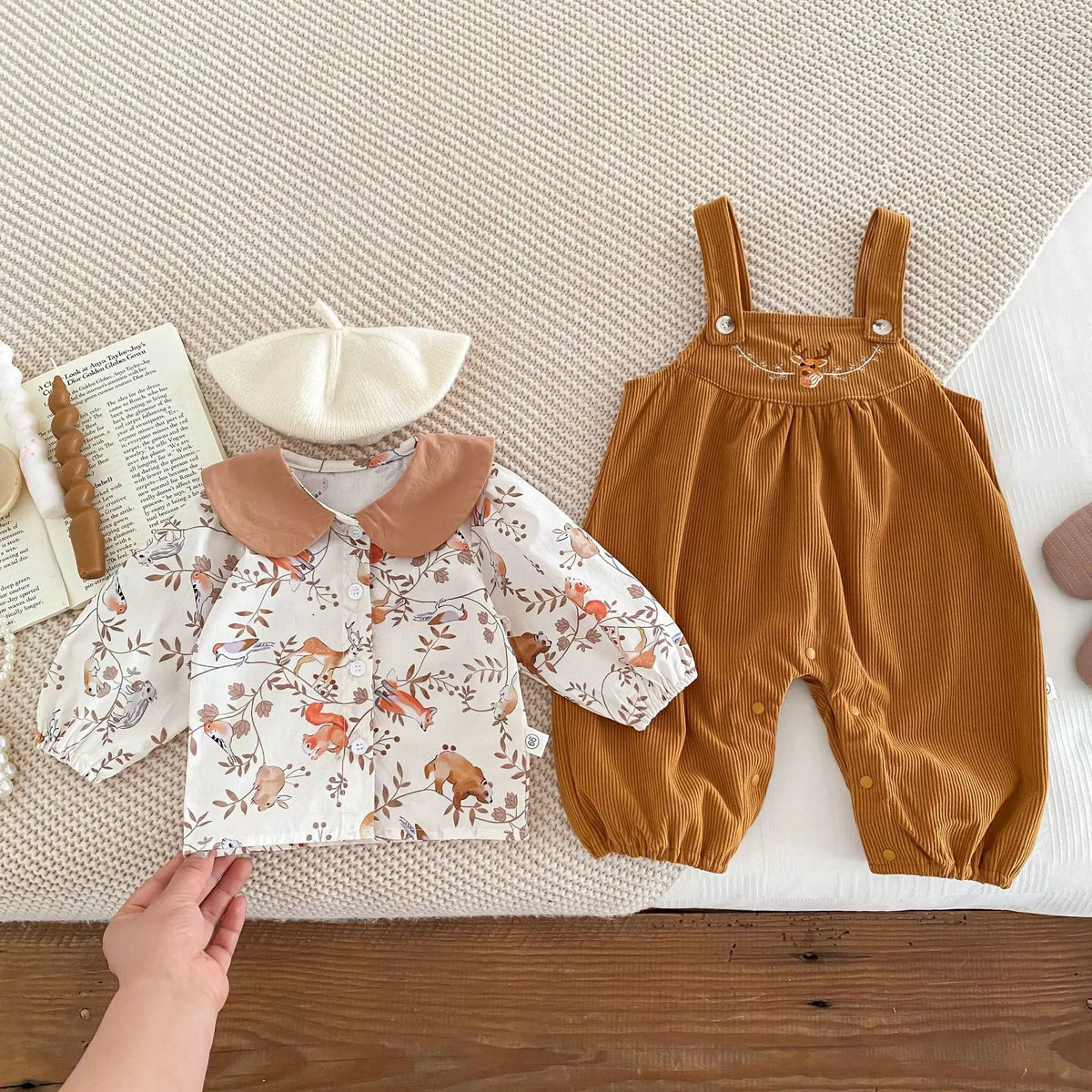 2 Pc Baby Girl Forest Animals Print Corduroy Overalls Set