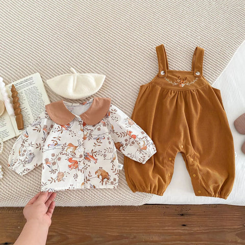 2 Pc Baby Girl Forest Animals Print Corduroy Overalls Set