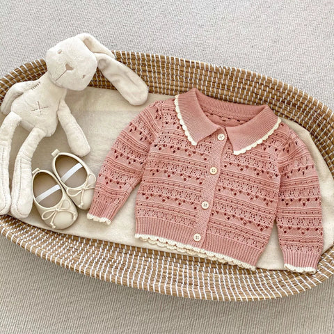 Baby Girl Hollow Knit Scallop Trim Cardigan